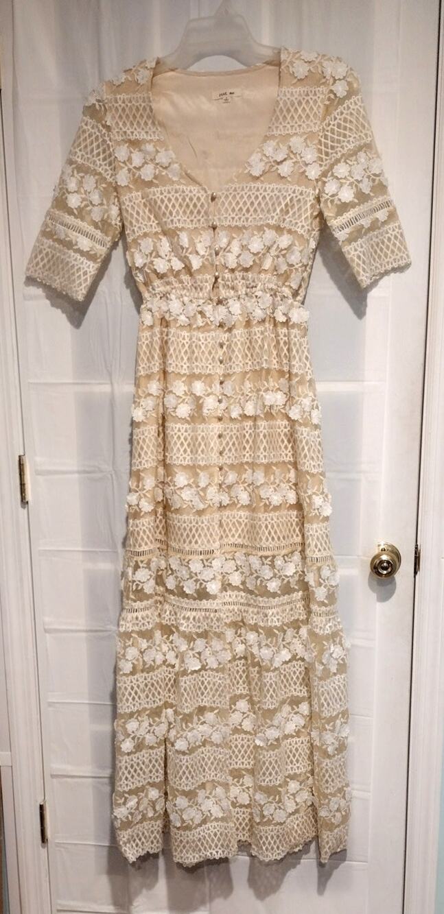 Just Me Small Maxi Dress Beige White Floral Lace Boho Elegant Cottage NWOT